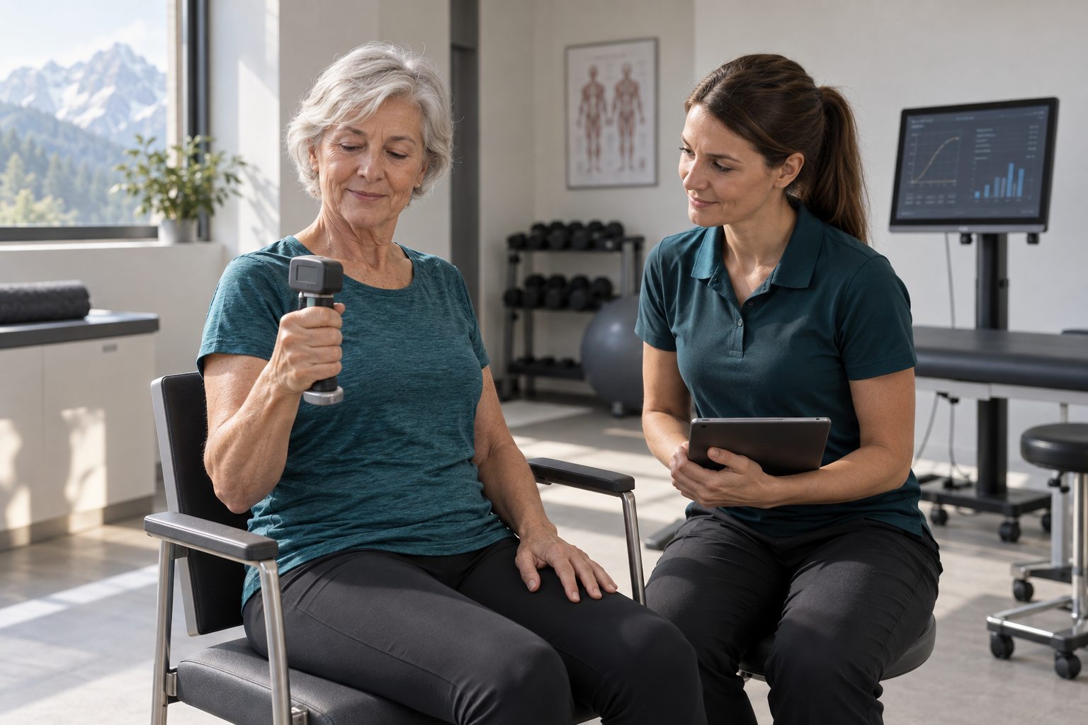 Frau 60+, Griffkraftmessung mit Handdynamometer