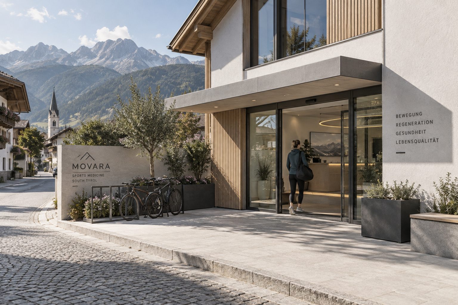 Praxisgebäude von außen: Haus an der Oberen Dorfstraße, stufenloser Eingang, Radständer, Berge im Hintergrund