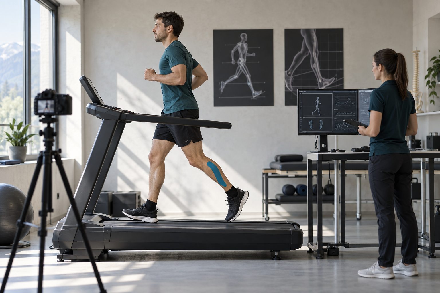 Return-to-Run auf dem Laufband: Läufer im lockeren Tempo, Kamera auf Stativ seitlich im Anschnitt, Kinesiologie-Tape am Unterschenkel