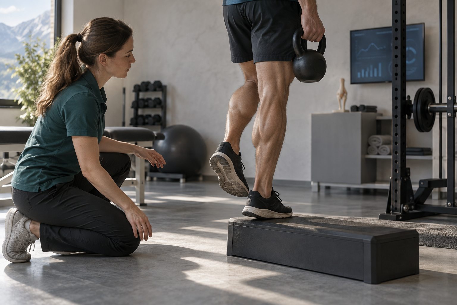 Einbeiniges Wadenheben auf einer Stufe mit Zusatzgewicht, Physiotherapeutin im Anschnitt, Fokus auf Wade und Ferse