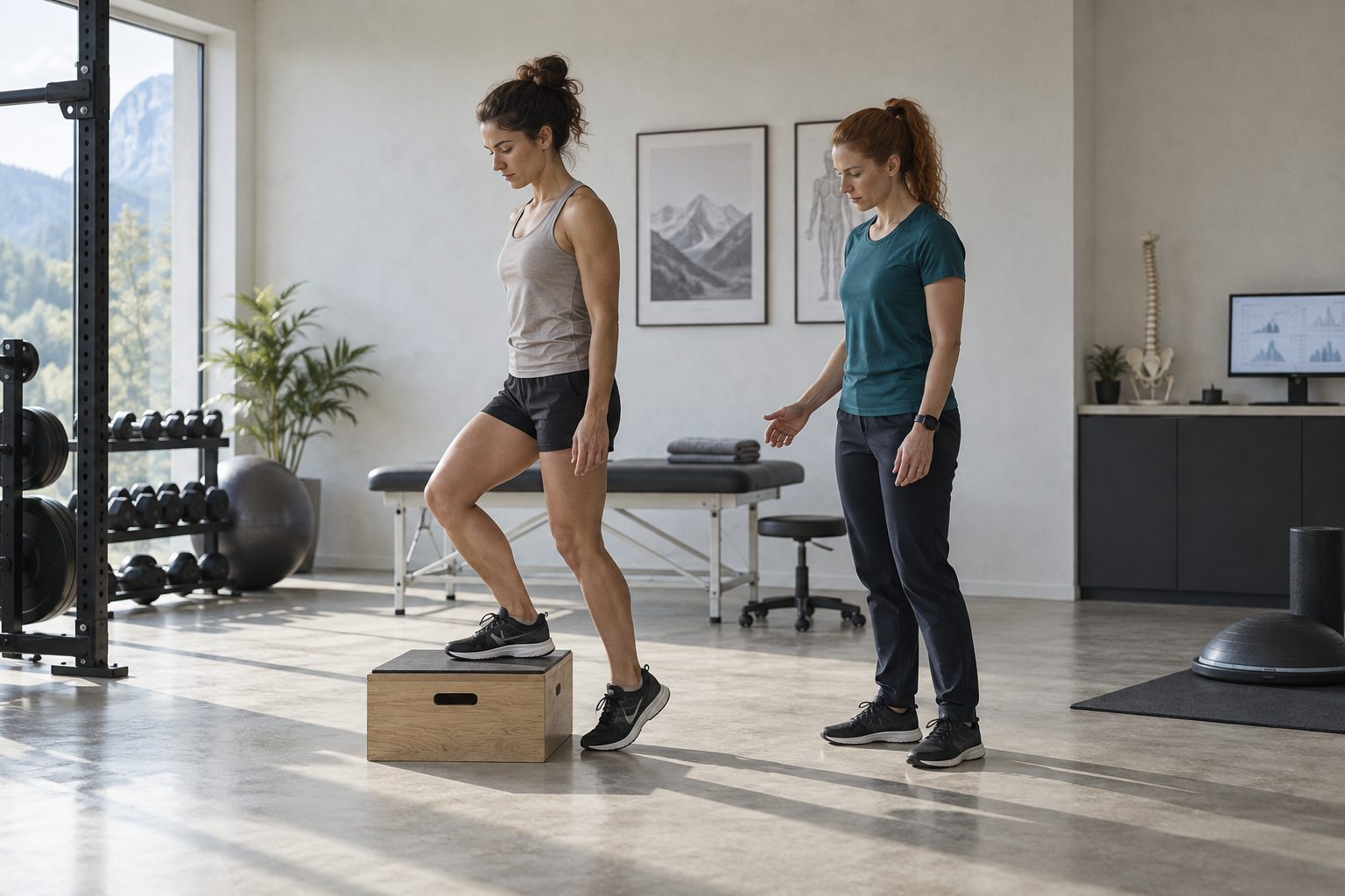 Physiotherapeutin zeigt einer Patientin den Step-down auf einer Stufe, Trainingsfläche, Kalkwand, Petrol-Shirt, von der Seite