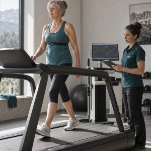 Frau 60+ im Stufentest auf dem Laufband, ruhiges Tempo, Seitenlicht