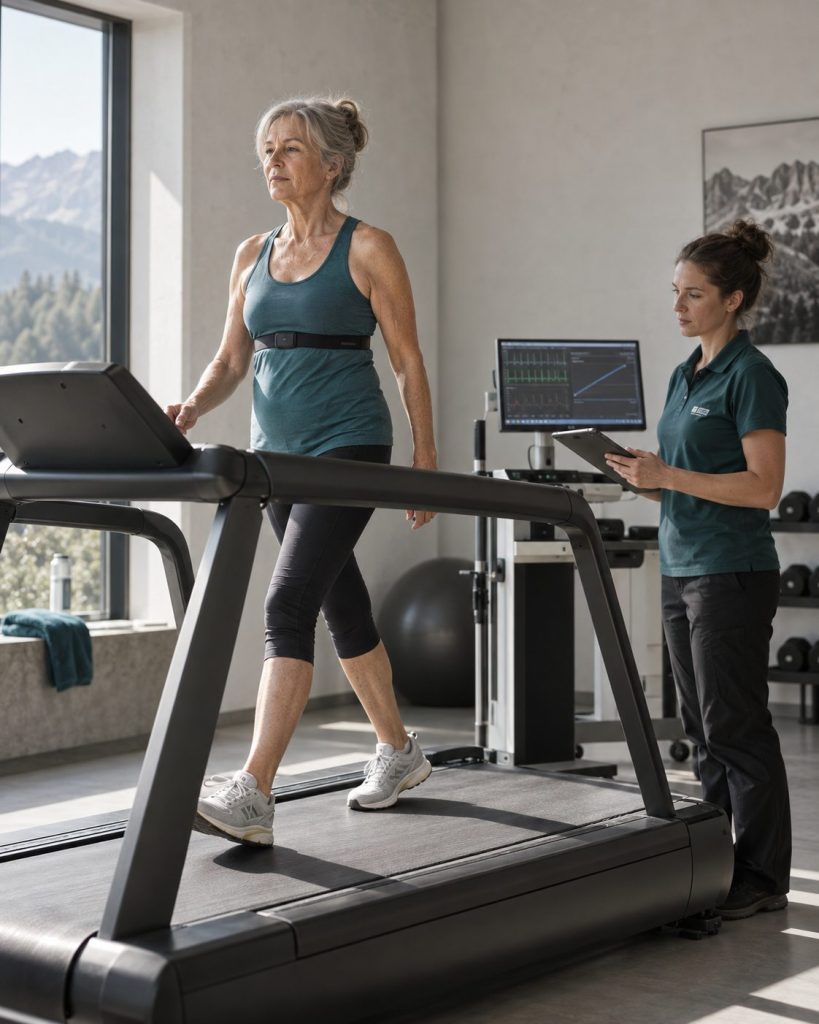 Frau 60+ im Stufentest auf dem Laufband, ruhiges Tempo, Seitenlicht