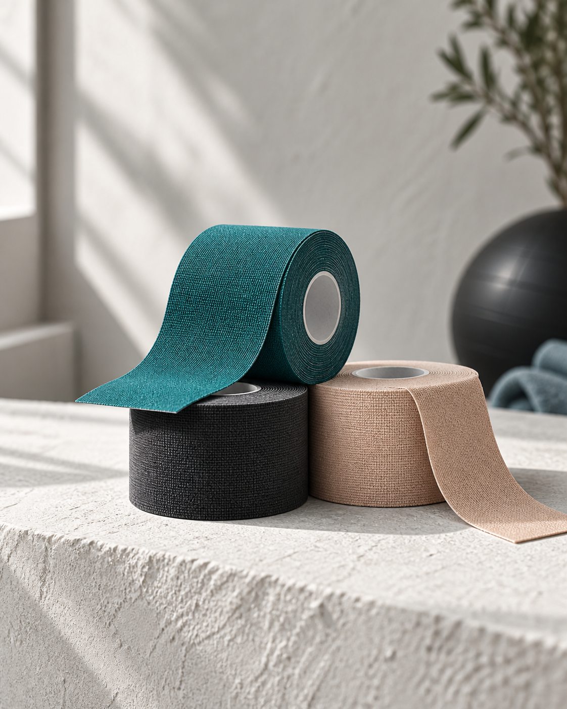 Packshot MV-01, drei Rollen in Petrol, Graphit, Hautfarben, Kalk-Hintergrund