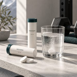 Packshot MV-04, zwei Rรถhrchen, eine Tablette im Wasserglas