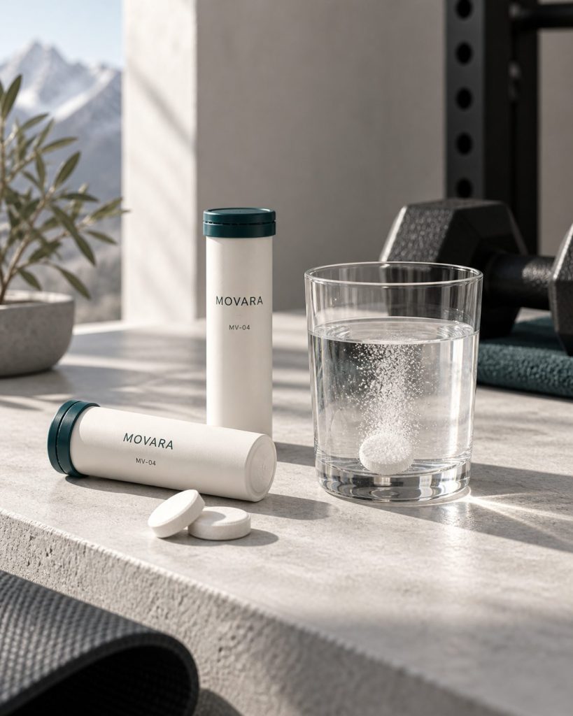Packshot MV-04, zwei Röhrchen, eine Tablette im Wasserglas