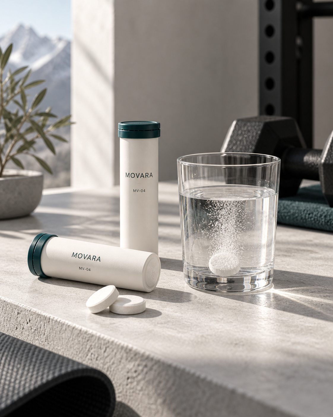 Packshot MV-04, zwei Röhrchen, eine Tablette im Wasserglas