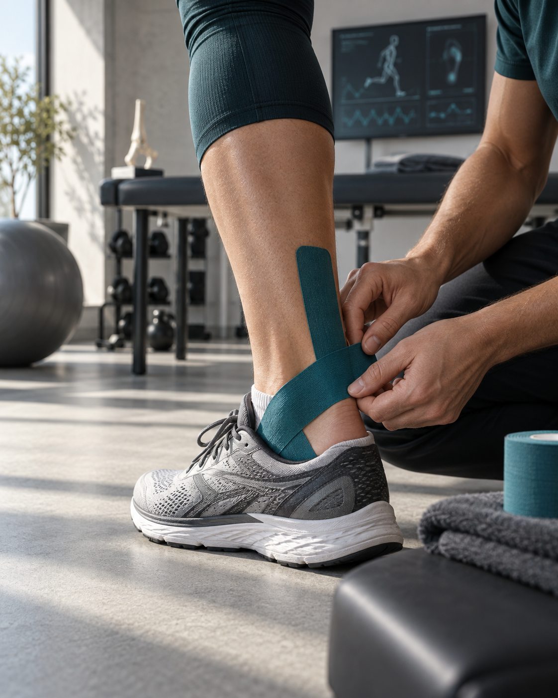 Getaptes Sprunggelenk im Laufschuh, Petrol-Tape, Seitenlicht