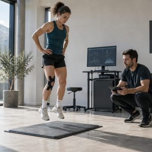 Sprungtest auf der Kraftmessplatte, getaptes Knie