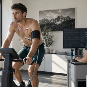 Belastungs-EKG auf dem Radergometer, Elektroden am Brustkorb, Ärztin am Monitor